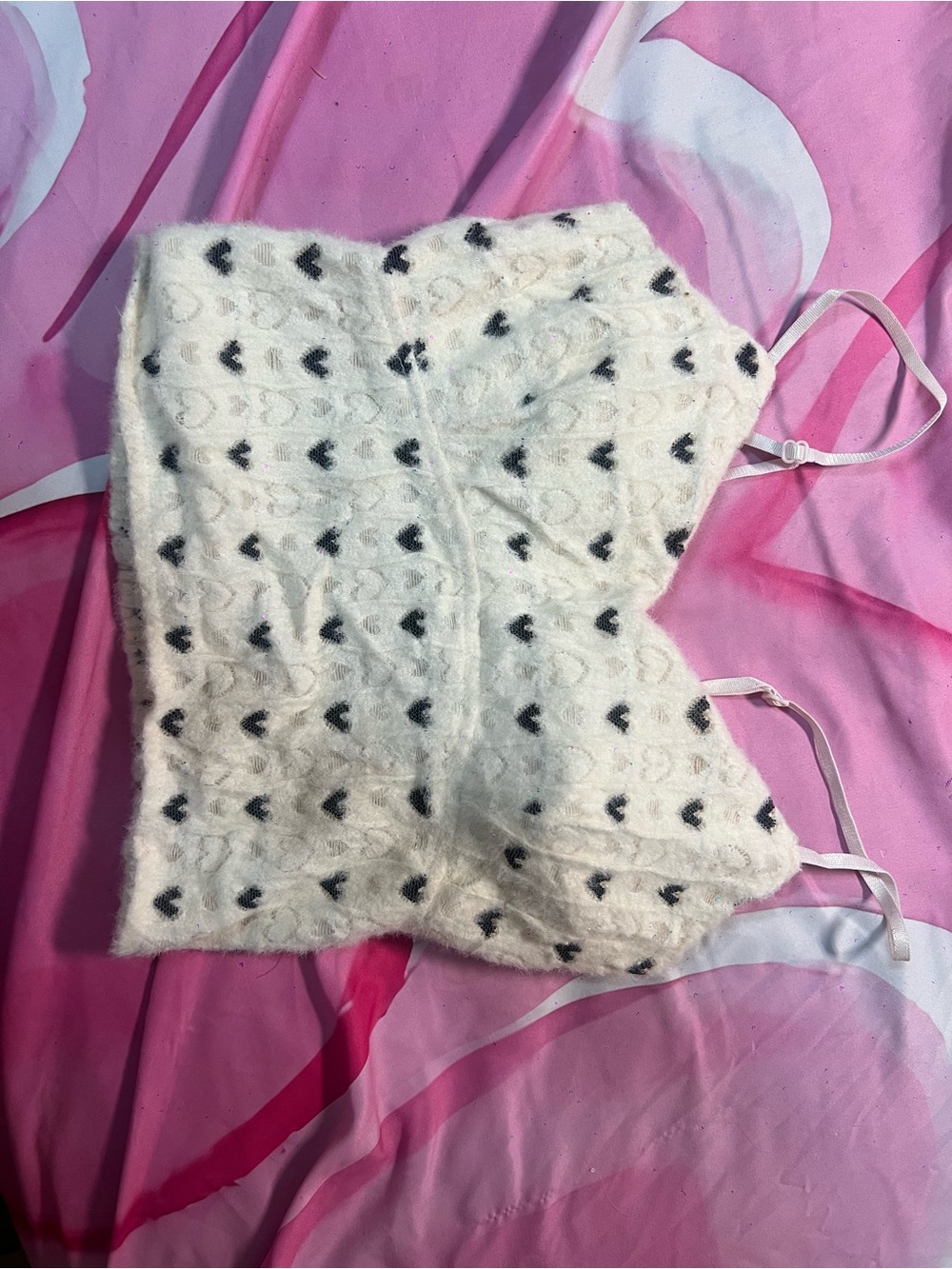 White Heart-Print Fuzzy Knit Cami Sweater